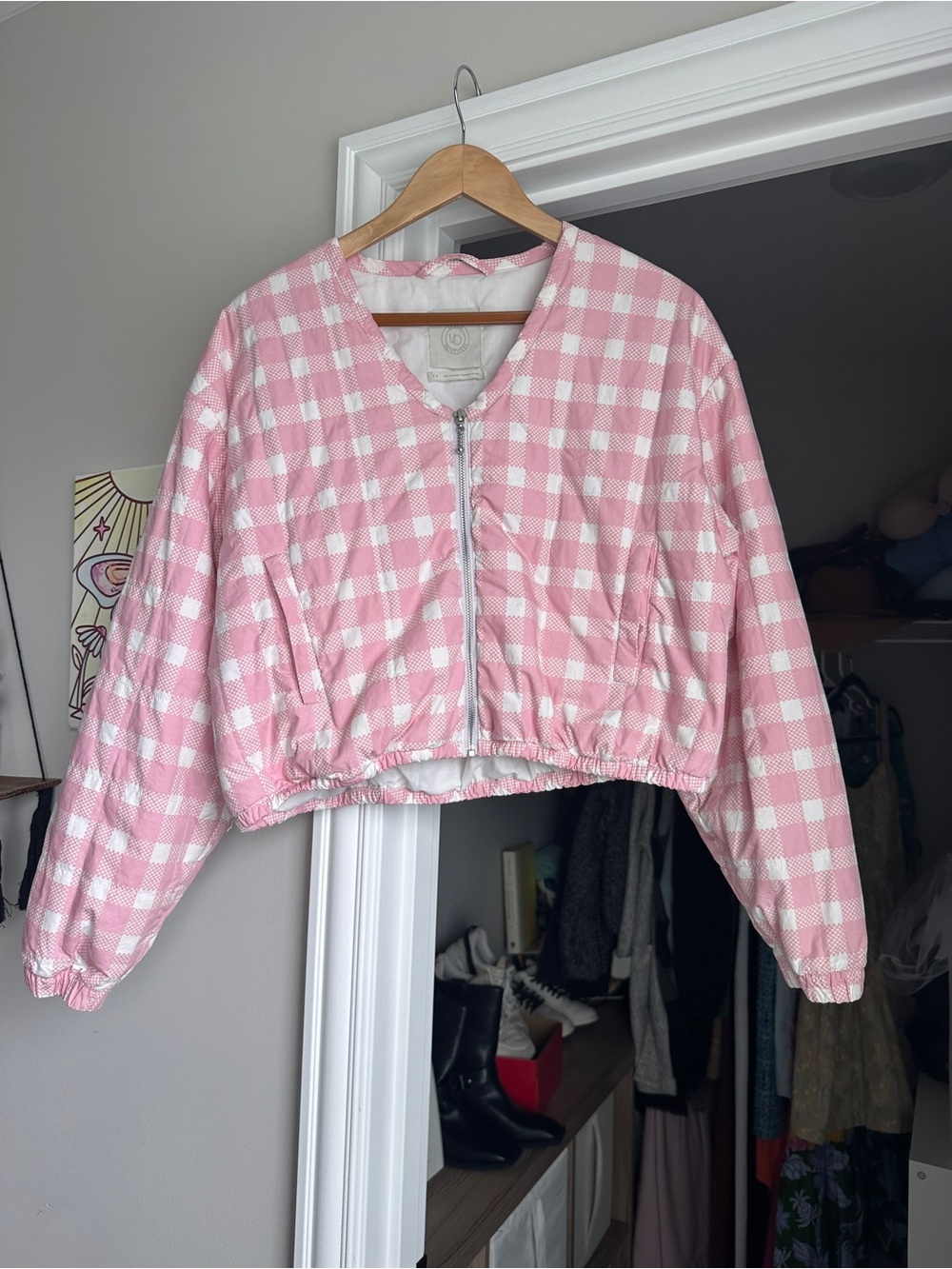 Urban Outfitters Pink & White Gingham Cropped Bomber Jacket